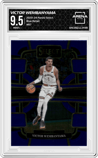 Victor Wembanyama from the 2023-24 Panini Select  set featuring a Blue Retail parallel graded by Arena Club and given an overall grade of 9.5.