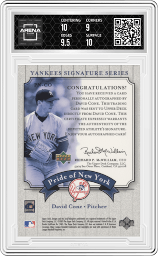 David Cone from the 2003 UD Yankees Signature Series set graded by Arena Club and given an overall grade of 9.5.