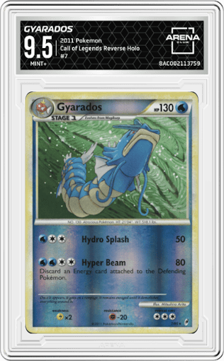 Gyarados from the 2011 Pokemon  set graded by Arena Club and given an overall grade of 9.5.