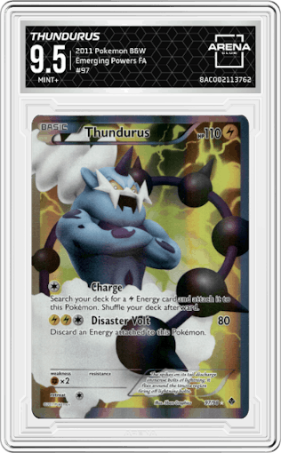 Thundurus from the 2011 Pokemon Black & White set graded by Arena Club and given an overall grade of 9.5.
