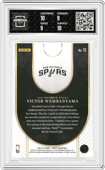 Victor Wembanyama from the 2023-24 Panini Select  set graded by Arena Club and given an overall grade of 9.5.