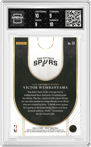 Victor Wembanyama from the 2023-24 Panini Select  set graded by Arena Club and given an overall grade of 9.5.