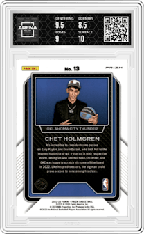 Chet Holmgren from the 2022-23 Panini Prizm  set featuring a Silver Prizm parallel graded by Arena Club and given an overall grade of 9.