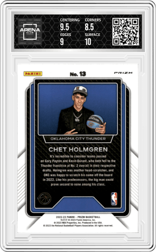 Chet Holmgren from the 2022-23 Panini Prizm  set featuring a Silver Prizm parallel graded by Arena Club and given an overall grade of 9.