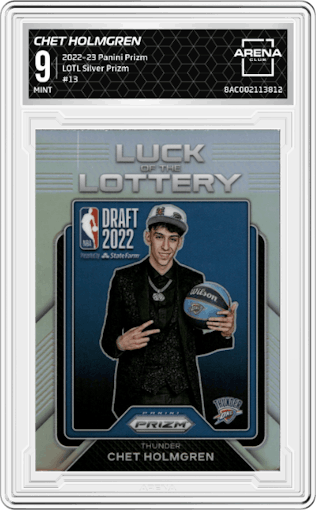Chet Holmgren from the 2022-23 Panini Prizm  set featuring a Silver Prizm parallel graded by Arena Club and given an overall grade of 9.