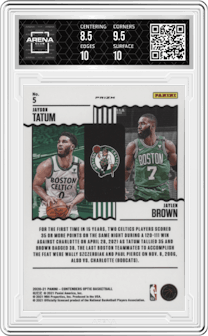 Jayson Tatum/Jaylen Brown from the 2020-21 Panini Contenders Optic set featuring a Blue Cracked Ice parallel graded by Arena Club and given an overall grade of 9.