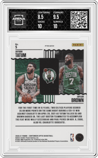 Jayson Tatum/Jaylen Brown from the 2020-21 Panini Contenders Optic set featuring a Blue Cracked Ice parallel graded by Arena Club and given an overall grade of 9.