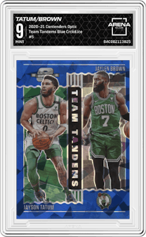 Jayson Tatum/Jaylen Brown from the 2020-21 Panini Contenders Optic set featuring a Blue Cracked Ice parallel graded by Arena Club and given an overall grade of 9.