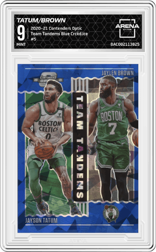 Jayson Tatum/Jaylen Brown from the 2020-21 Panini Contenders Optic set featuring a Blue Cracked Ice parallel graded by Arena Club and given an overall grade of 9.