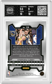 Stephen Curry from the 2023-24 Panini Prizm set featuring a Red Prizm parallel graded by Arena Club and given an overall grade of 9.5.
