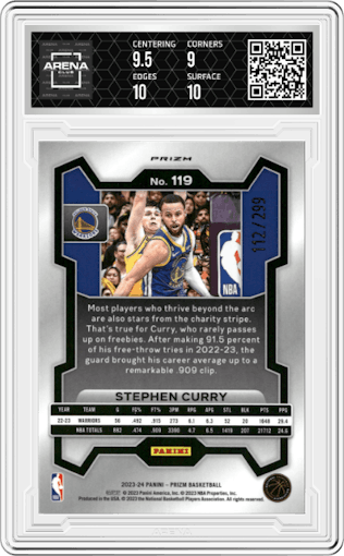 Stephen Curry from the 2023-24 Panini Prizm set featuring a Red Prizm parallel graded by Arena Club and given an overall grade of 9.5.