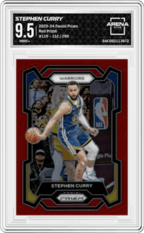 Stephen Curry from the 2023-24 Panini Prizm set featuring a Red Prizm parallel graded by Arena Club and given an overall grade of 9.5.