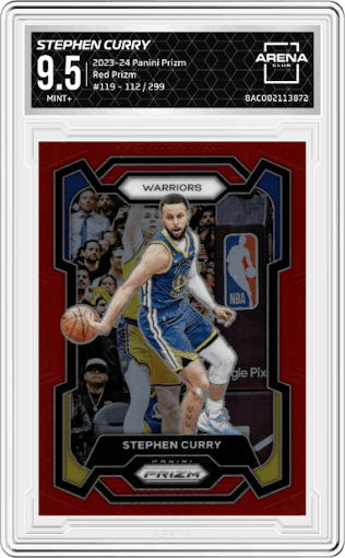 Stephen Curry from the 2023-24 Panini Prizm set featuring a Red Prizm parallel graded by Arena Club and given an overall grade of 9.5.