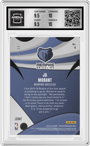 Ja Morant from the 2023-24 Panini Revolution set featuring a Cosmic parallel graded by Arena Club and given an overall grade of 10.