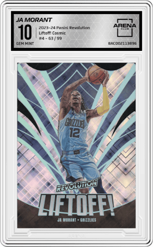 Ja Morant from the 2023-24 Panini Revolution set featuring a Cosmic parallel graded by Arena Club and given an overall grade of 10.