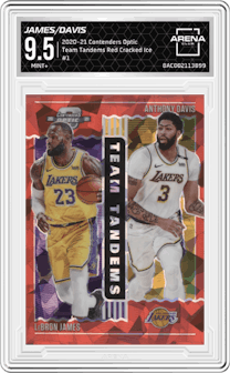 LeBron James/Anthony Davis from the 2020-21 Panini Contenders Optic set featuring a Red Cracked Ice parallel graded by Arena Club and given an overall grade of 9.5.