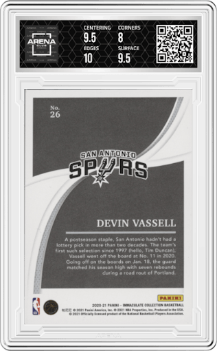 Devin Vassell from the 2020-21 Panini Immaculate Collection  set featuring a Red parallel graded by Arena Club and given an overall grade of 8.5.