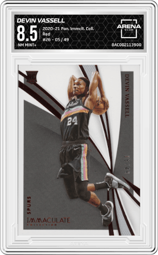 Devin Vassell from the 2020-21 Panini Immaculate Collection  set featuring a Red parallel graded by Arena Club and given an overall grade of 8.5.