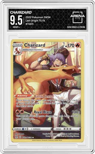 Charizard from the 2022 Pokemon SWSH set graded by Arena Club and given an overall grade of 9.5.