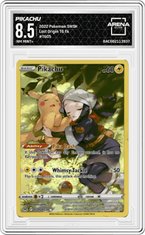 Pikachu from the 2022 Pokemon SWSH set graded by Arena Club and given an overall grade of 8.5.