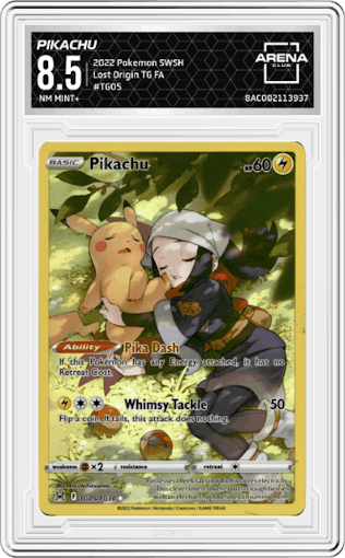 Pikachu from the 2022 Pokemon SWSH set graded by Arena Club and given an overall grade of 8.5.