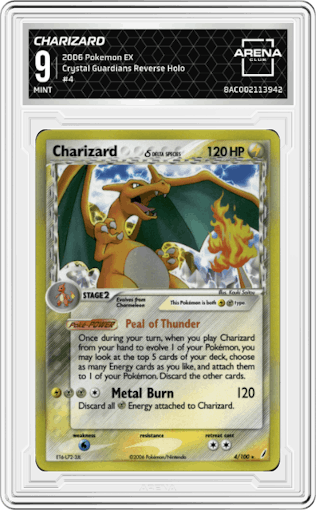 Charizard from the 2006 Pokemon EX set graded by Arena Club and given an overall grade of 9.