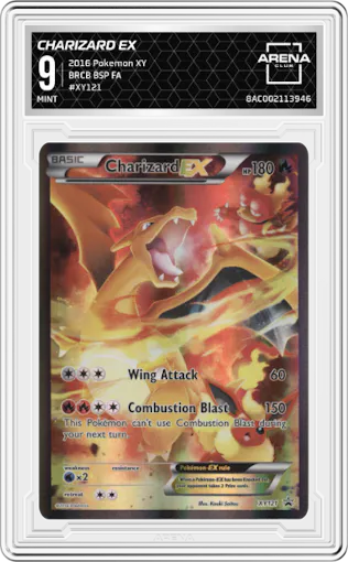 Charizard EX from the 2016 Pokemon XY set featuring a Blue Red Collection Box parallel graded by Arena Club and given an overall grade of 9.