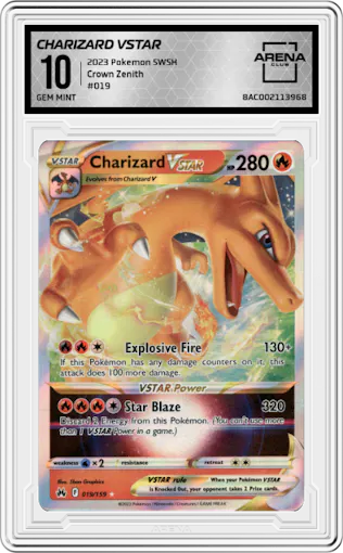 Charizard VSTAR from the 2023 Pokemon SWSH set graded by Arena Club and given an overall grade of 10.