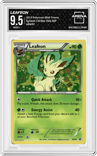 Leafeon from the 2013 Pokemon B&W Promo set featuring a Sylveon Collection Box parallel graded by Arena Club and given an overall grade of 9.5.