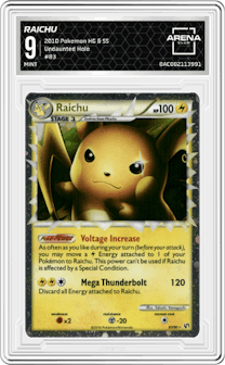 Raichu from the 2010 Pokemon HG & SS set graded by Arena Club and given an overall grade of 9.