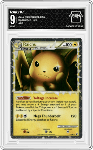 Raichu from the 2010 Pokemon HG & SS set graded by Arena Club and given an overall grade of 9.