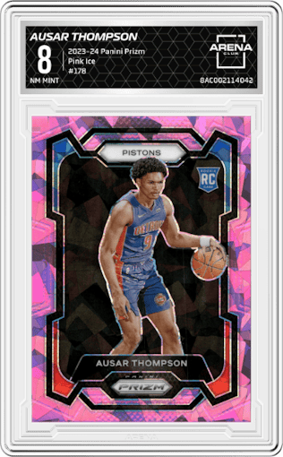 Ausar Thompson from the 2023-24 Panini Prizm set featuring a Pink Ice Prizm parallel graded by Arena Club and given an overall grade of 8.