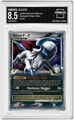 Absol G LV.X from the 2009 Pokemon Platinum set graded by Arena Club and given an overall grade of 8.5.