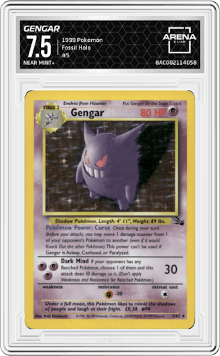Gengar from the 1999 Pokemon set graded by Arena Club and given an overall grade of 7.5.