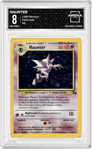 Haunter from the 1999 Pokemon set graded by Arena Club and given an overall grade of 8.