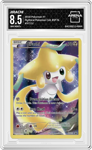 Jirachi from the 2016 Pokemon XY set featuring a Mythical Pokemon Coll. parallel graded by Arena Club and given an overall grade of 8.5.