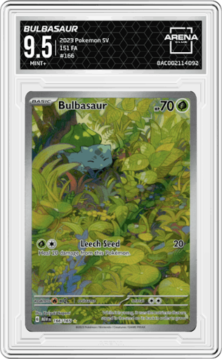 Bulbasaur from the 2023 Pokemon SV set graded by Arena Club and given an overall grade of 9.5.