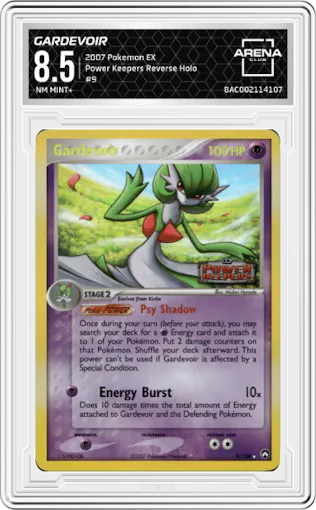 Gardevoir from the 2007 Pokemon EX set graded by Arena Club and given an overall grade of 8.5.