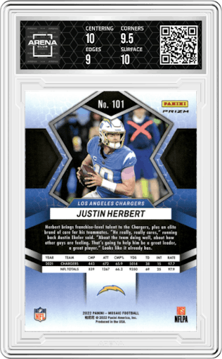 Justin Herbert from the 2022 Panini Mosaic set featuring a Genesis parallel graded by Arena Club and given an overall grade of 9.5.