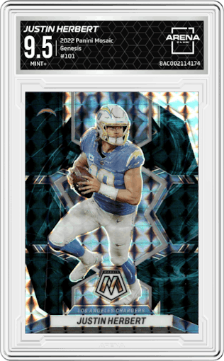 Justin Herbert from the 2022 Panini Mosaic set featuring a Genesis parallel graded by Arena Club and given an overall grade of 9.5.