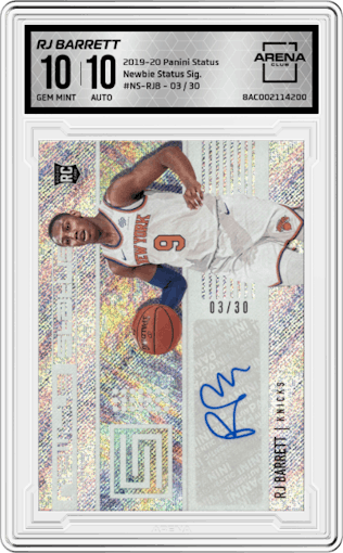 RJ Barrett from the 2019-20 Panini Status set graded by Arena Club and given an overall grade of 10.