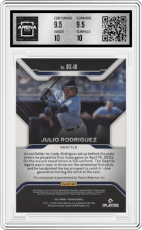 Julio Rodriguez from the 2022 Panini Prizm set graded by Arena Club and given an overall grade of 10.