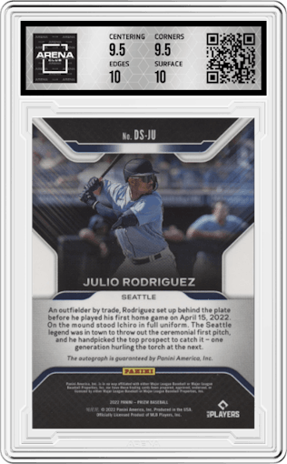 Julio Rodriguez from the 2022 Panini Prizm set graded by Arena Club and given an overall grade of 10.