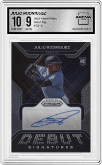 Julio Rodriguez from the 2022 Panini Prizm set graded by Arena Club and given an overall grade of 10.