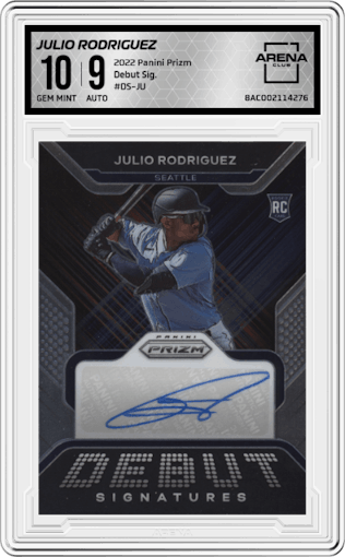 Julio Rodriguez from the 2022 Panini Prizm set graded by Arena Club and given an overall grade of 10.