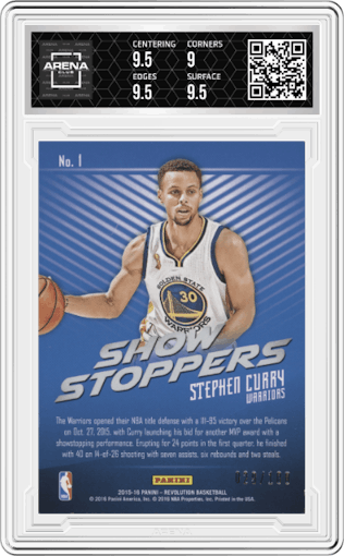 Stephen Curry from the 2015-16 Panini Revolution set featuring a Cosmic parallel graded by Arena Club and given an overall grade of 9.5.