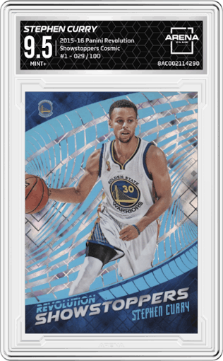 Stephen Curry from the 2015-16 Panini Revolution set featuring a Cosmic parallel graded by Arena Club and given an overall grade of 9.5.