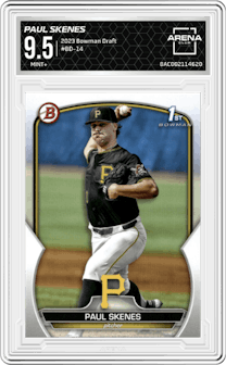 Paul Skenes from the 2023 Bowman Draft set graded by Arena Club and given an overall grade of 9.5.