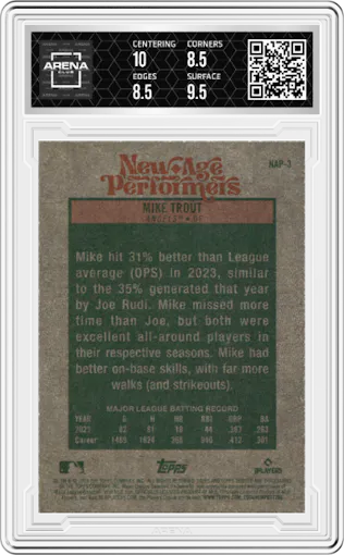 Mike Trout from the 2024 Topps Heritage set graded by Arena Club and given an overall grade of 9.