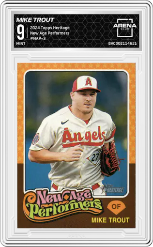 Mike Trout from the 2024 Topps Heritage set graded by Arena Club and given an overall grade of 9.